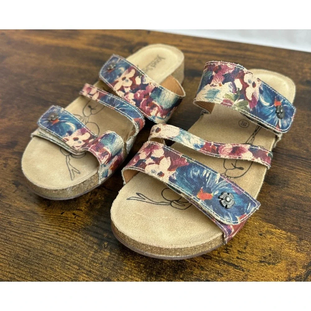 Josef Seibel Tonga 54 Floral Slide Sandals Blue Red Tan Cork Boho Size 38 7 -7.5 - Picture 2 of 12